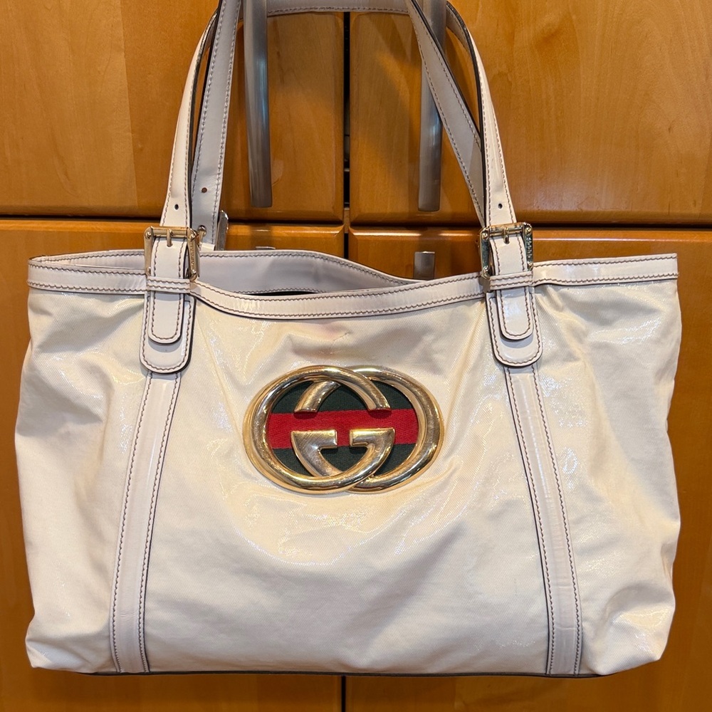 Gucci Britt white Patent Leather Tote bag with Red-Green Web and Gold Double G